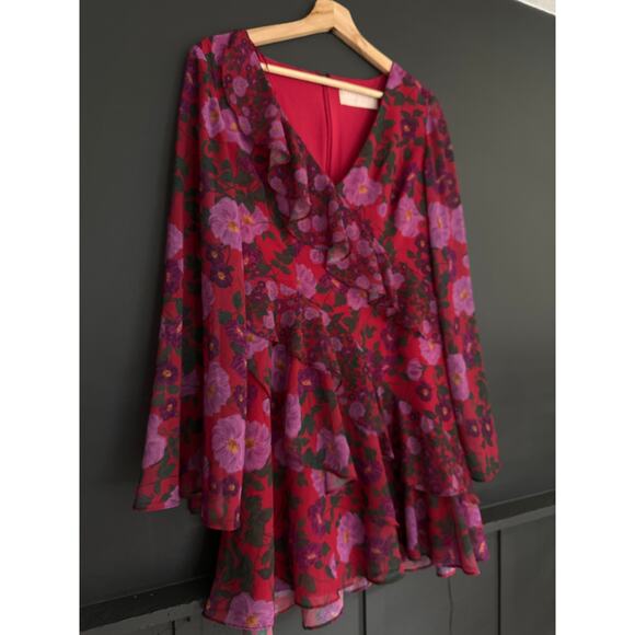 Keepsake The Label Waves Flare Sleeve Ruffle Dress Pomegranate Floral Size Small - Picture 11 of 14